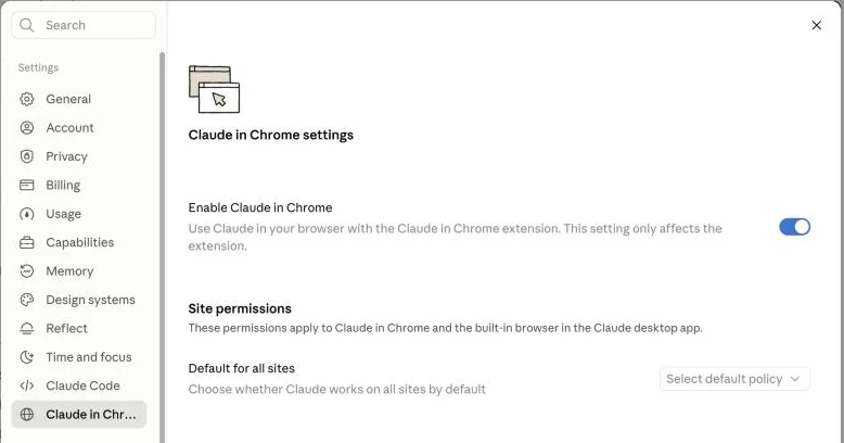 הגדרות Claude in Chrome: הפעלה והרשאות אתרים