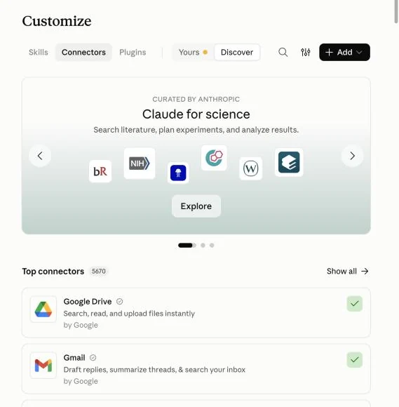עמוד Connectors: Claude for science, ורשימת Top connectors עם Google Drive ו Gmail מחוברים
