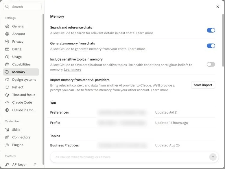 Settings, Memory: חיפוש בשיחות קודמות, יצירת זיכרון, נושאים רגישים, ייבוא מספקי AI אחרים, והעדפות ופרופיל