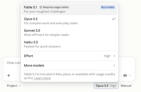בורר המודלים: Fable 5.1, Opus 5.5, Sonnet 5.5, Haiku 5.5, Effort, More models