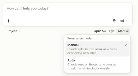 תפריט Permission mode: Manual ו Auto