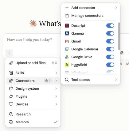 תפריט Connectors מתוך הפלוס: Add connector, Manage connectors ומתגים ל Descript, Gamma, Gmail, Google Calendar, Google Drive