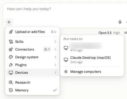 תפריט Devices מתוך הפלוס: Run tasks on, שני מחשבים ו Manage computers