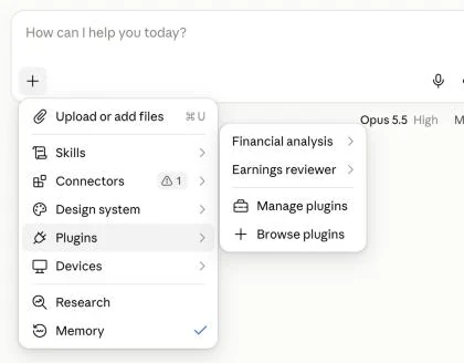 תפריט Plugins מתוך הפלוס: Financial analysis, Earnings reviewer, Manage plugins, Browse plugins