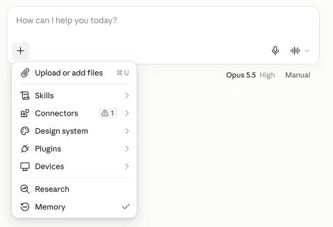 תפריט הפלוס: Upload or add files, Skills, Connectors, Design system, Plugins, Devices, Research, Memory