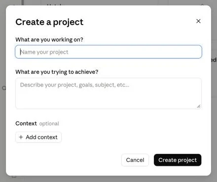 חלון Create a project: שם, מטרה והוספת הקשר