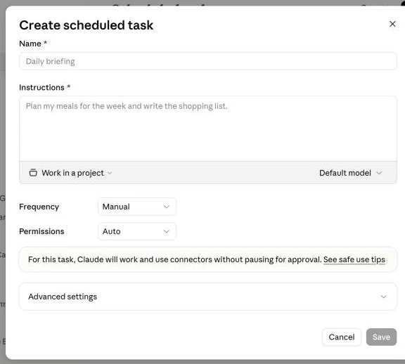 טופס Create scheduled task: שם, הוראות, פרויקט, מודל, תדירות והרשאות