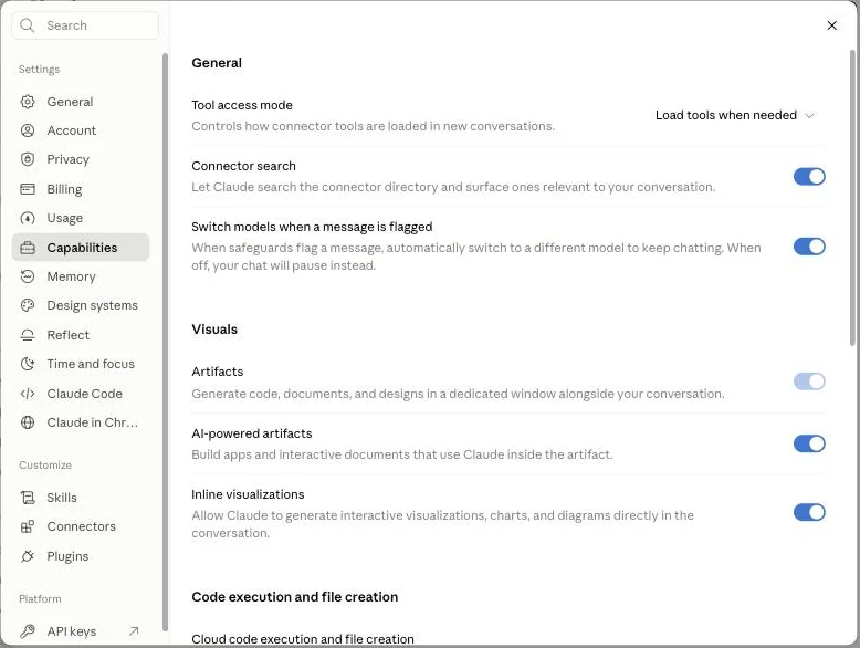 Settings, Capabilities: Tool access mode, Connector search, Artifacts, Inline visualizations