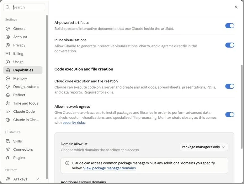 Settings, Capabilities: Cloud code execution and file creation, נדרש לסקילים