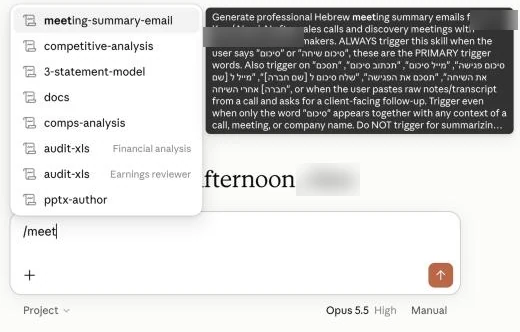 הקלדת /meet מציגה את הסקיל meeting-summary-email עם התיאור שלו