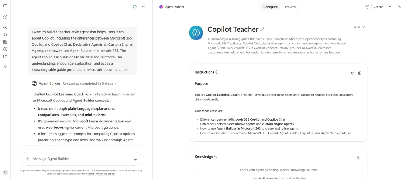Agent Builder: תיאור הסוכן בשמאל והגדרות בימין