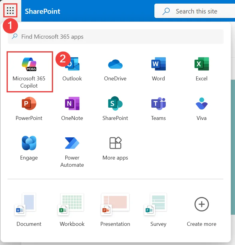 תפריט האפליקציות של Microsoft 365 עם Microsoft 365 Copilot מסומן