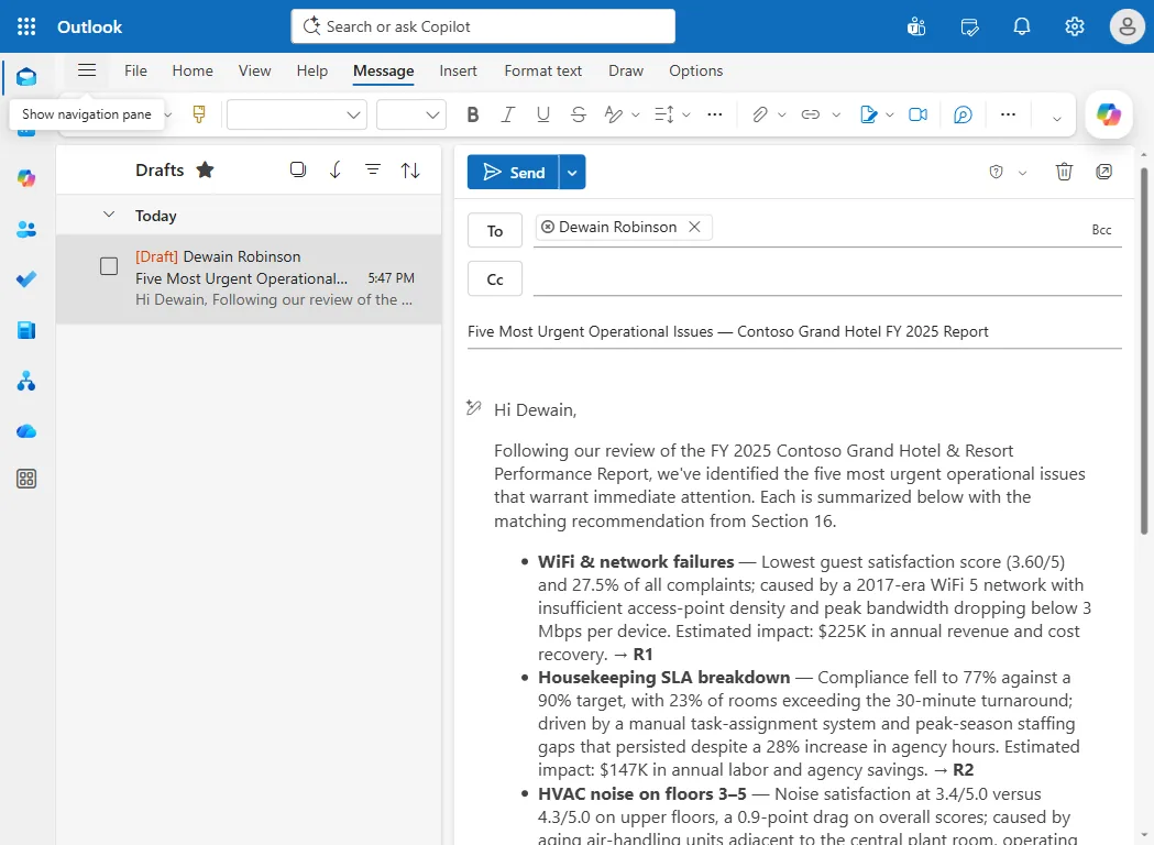טיוטת המייל שנוצרה ב Outlook