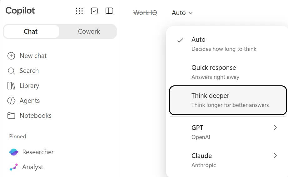 תפריט בורר המודלים: Auto, Quick response, Think deeper, GPT ו Claude